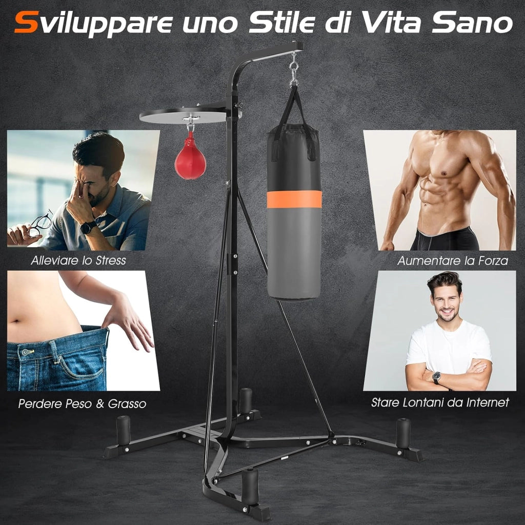 Supporto per Sacco da Boxe e Punching Ball Regolabile, Sacco Boxing da Terra con Struttura in Metallo Robusta e Base Stabile, Attrezzi Pugilato Autoportante da Casa per Adulti