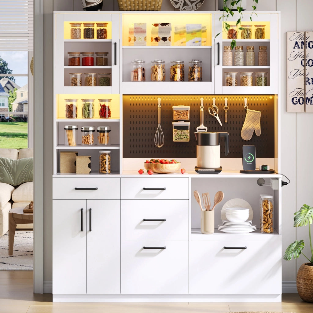 Mobile cucina multifunzione bianco con LED RGB, presa integrata, 5 cassetti e ripiani regolabili