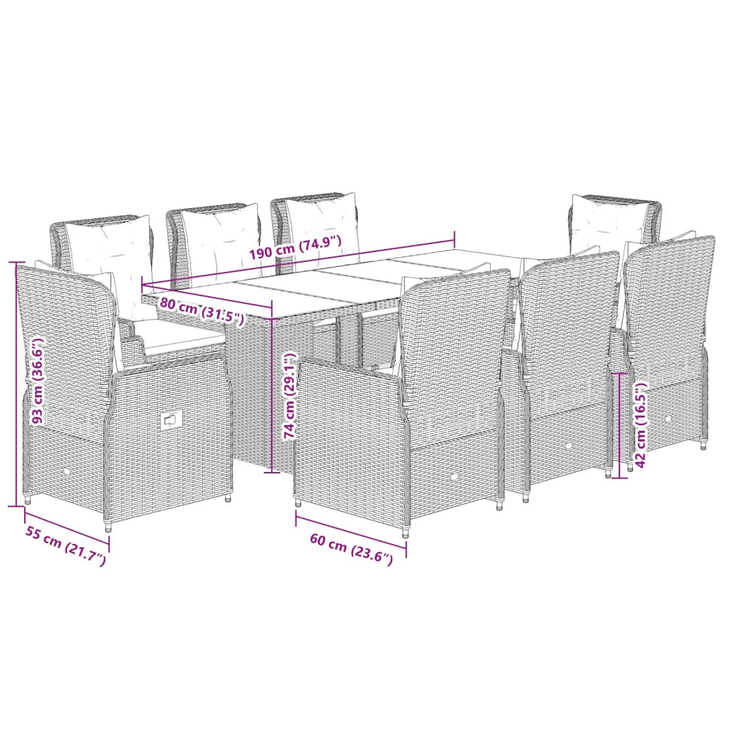 Set da Pranzo da Giardino 9 pz con Cuscini Beige in Polyrattan 3262788