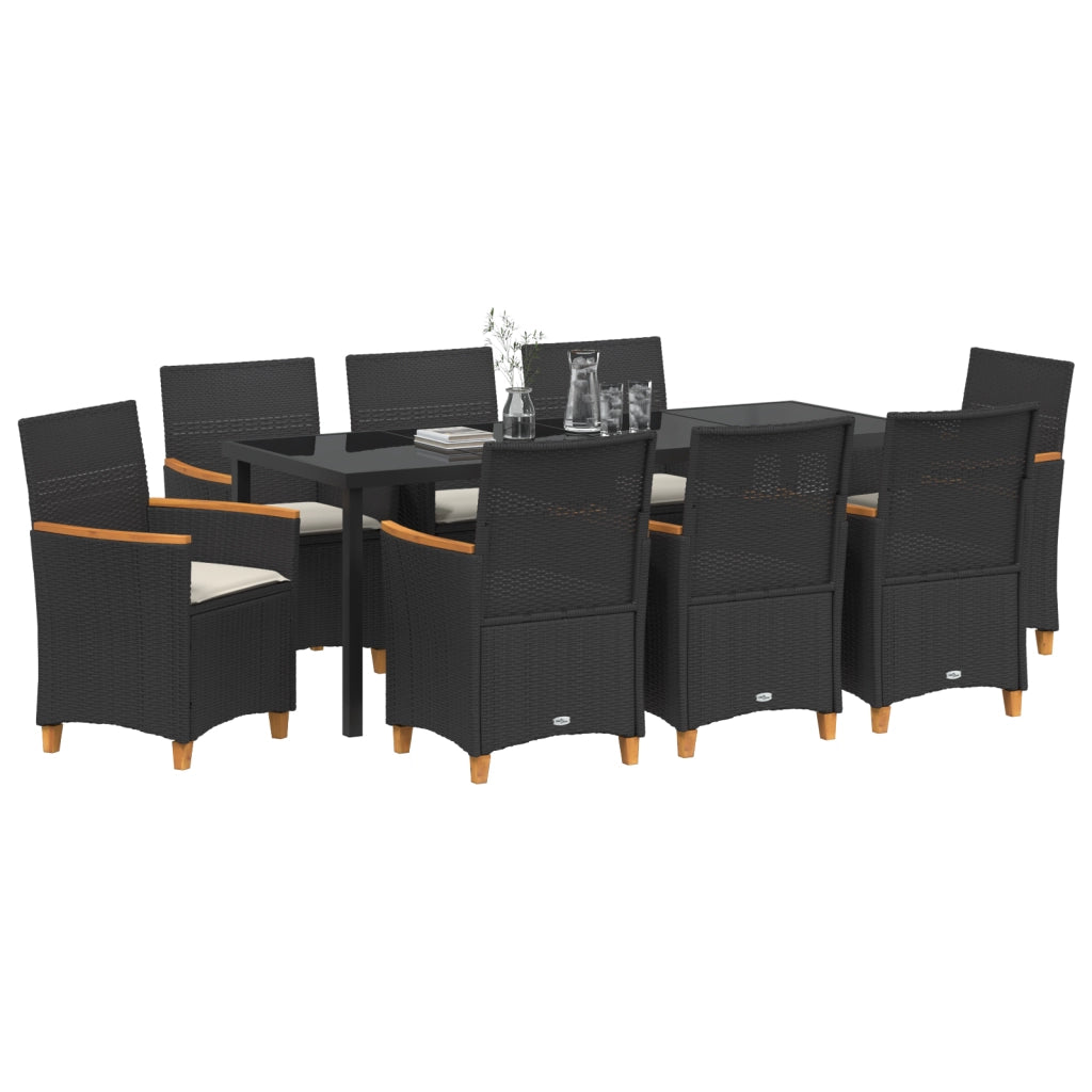 Set da pranzo da giardino 9 pezzi con cuscini neri in polyrattan