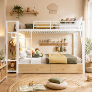 DESMIU Letto a Soppalco 2 Posti con 2 Cassetti, Ripiani e LED Regolabile 140 × 200 cm, Senza Materasso