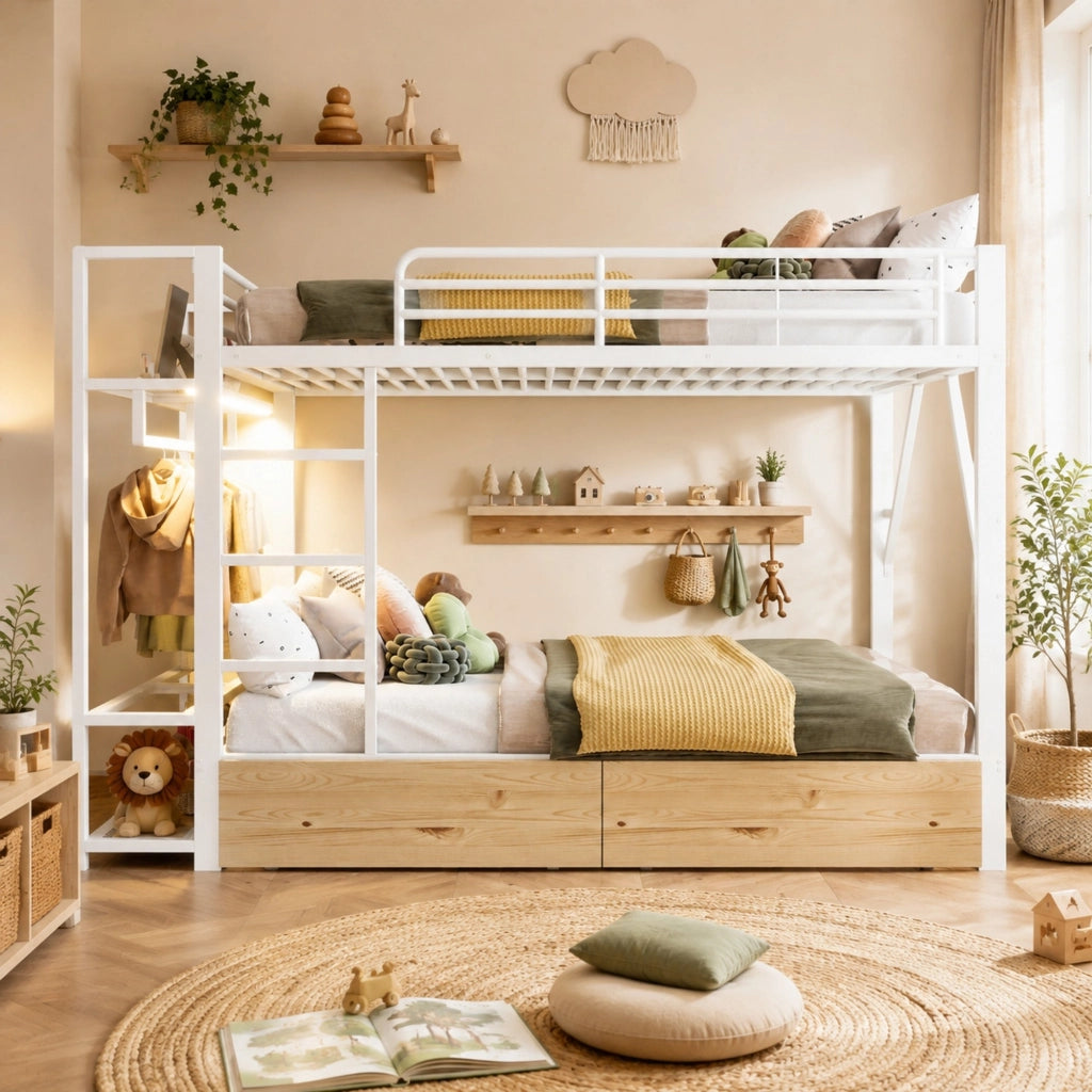 DESMIU Letto a Soppalco 2 Posti con 2 Cassetti, Ripiani e LED Regolabile 140 × 200 cm, Senza Materasso