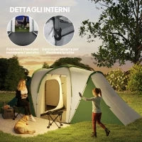 Tenda da Campeggio 4-6 Persone con 2 Camere, in Poliestere e Fibra di Vetro, 555x225x190 cm, Grigio e Verde
