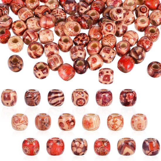 Accessori per capelli in legno - filetto in legno - fori ampi - rosso con motivi - accessori per acconciature in legno - ideali per DIY - 200 pezzi