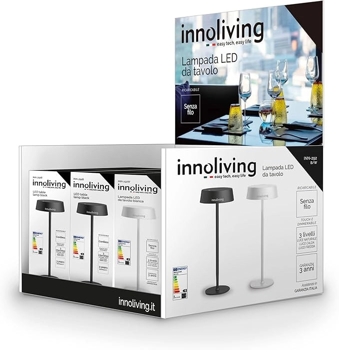 Innoliving Lampada da tavolo LED ricaricabile USB INN-292 Bianca con Luce Dimmerabile a 3 Livelli e Braccio Flessibile