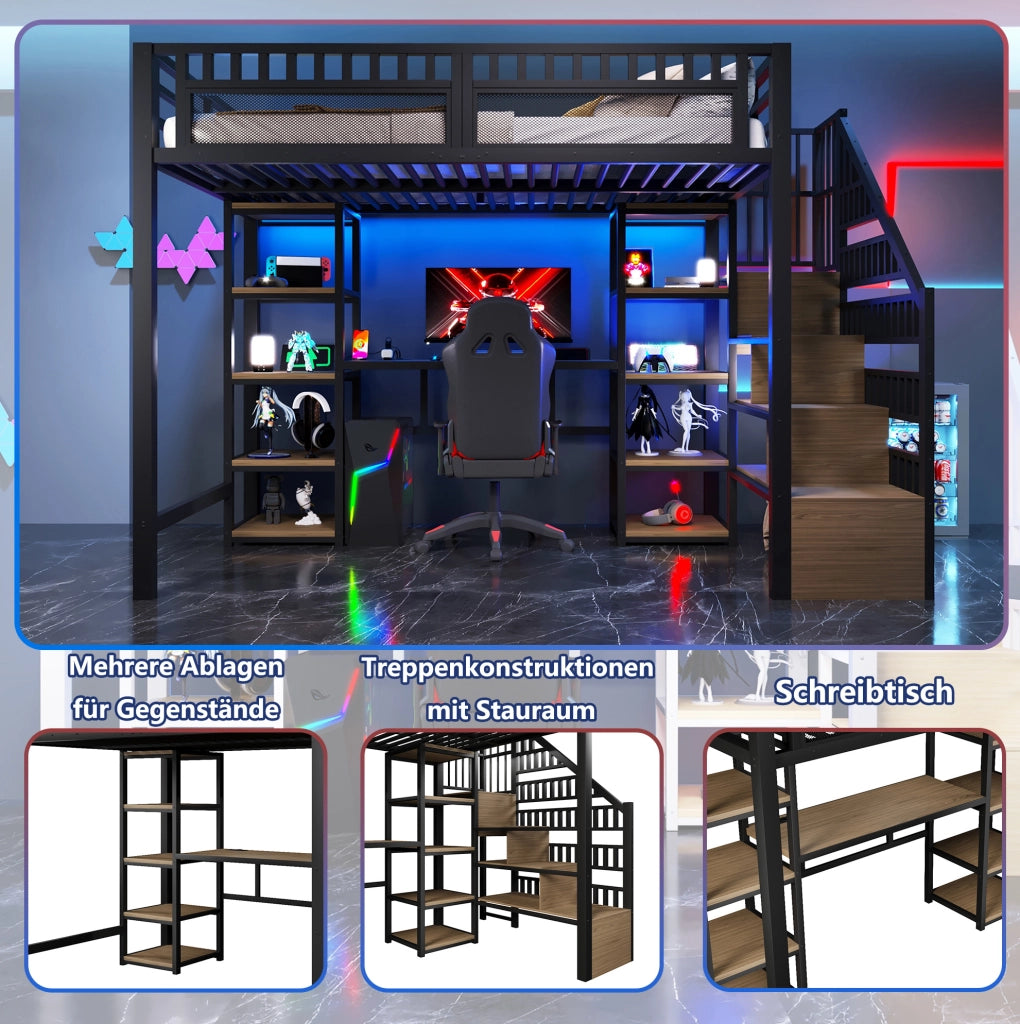 Letto a soppalco 140x200 cm con scrivania, LED e USB