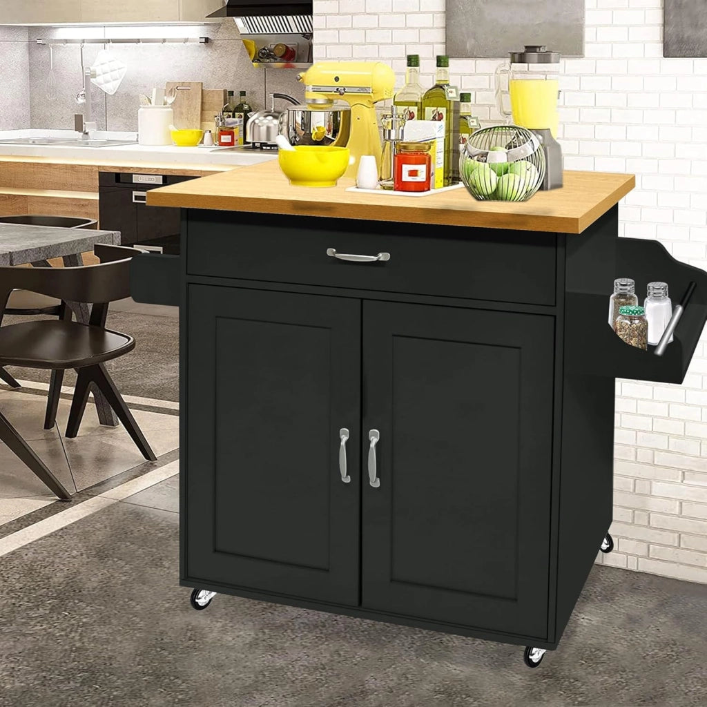 Carrello da cucina nero con ruote e piano di lavoro, carrello da cucina, isola in legno, con portasciugamani e portaspezie, mobile da cucina, carrello da cucina, 115 x 90 x 36 cm