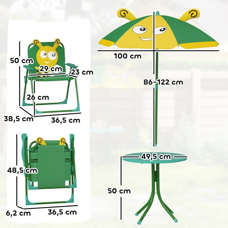 Set di mobili da giardino per bambini, composto da sedie, tavolo e ombrellone, con motivo ape, nei colori verde e giallo.