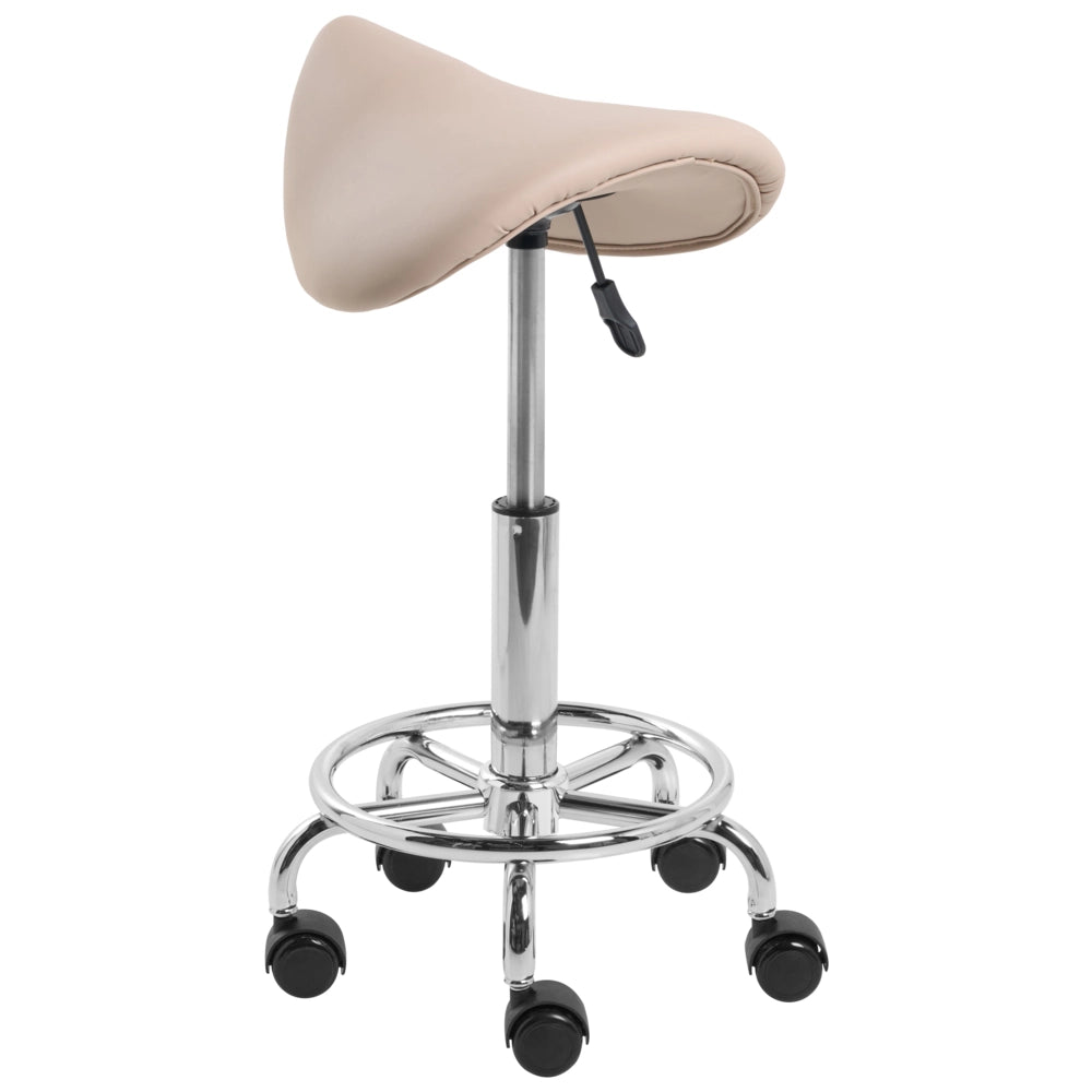 Sgabello da ufficio beige in ecopelle con struttura in metallo, imbottito, girevole, regolabile in altezza, arredamento per ufficio