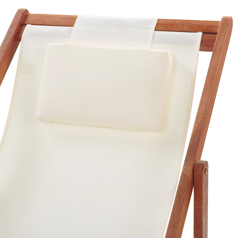 Sedia a sdraio da giardino in tessuto beige cuscino poggiatesta sedile reclinabile pieghevole struttura in legno di acacia
