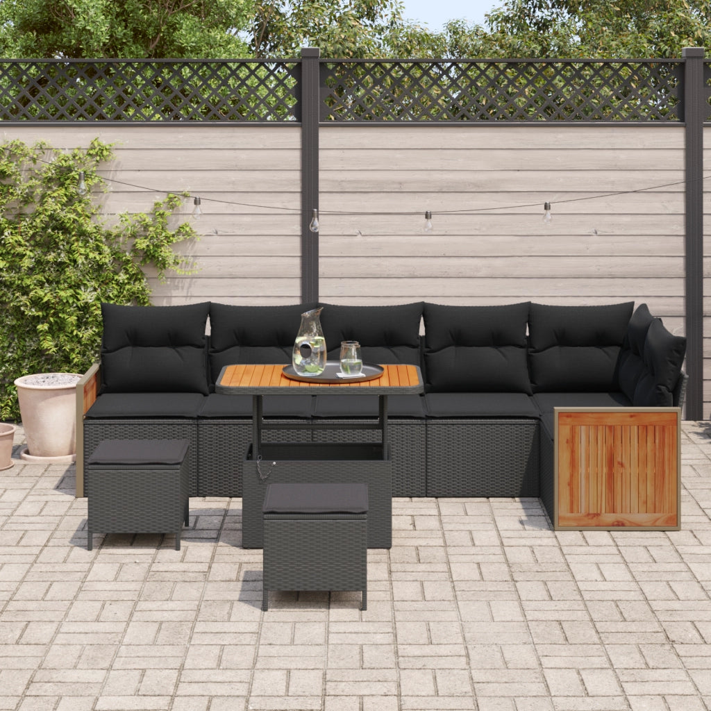 Set di 9 Pezzi Divano da Giardino con Cuscini Rattan Nero Acacia