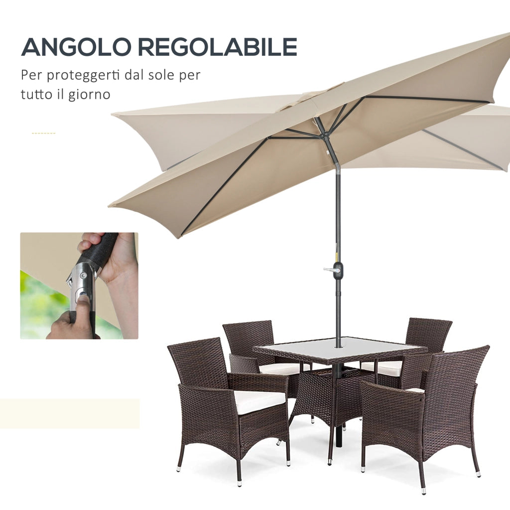 Ombrellone Rettangolare 200x300 cm Pieghevole e Regolabile con Manovella in Alluminio e Poliestere Cachi