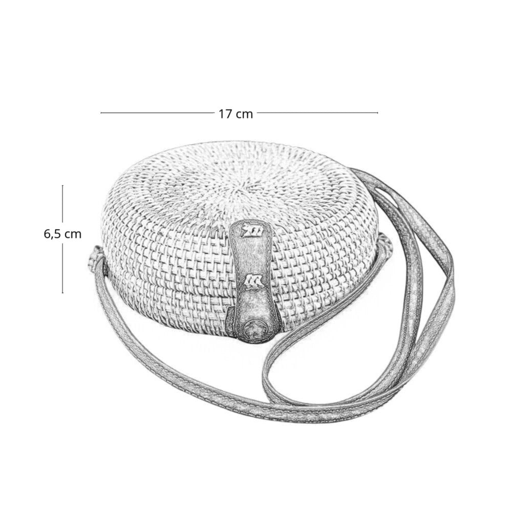 Borsetta rotonda in vimini intrecciato con tracolla simipelle marrone cm 17x6,5