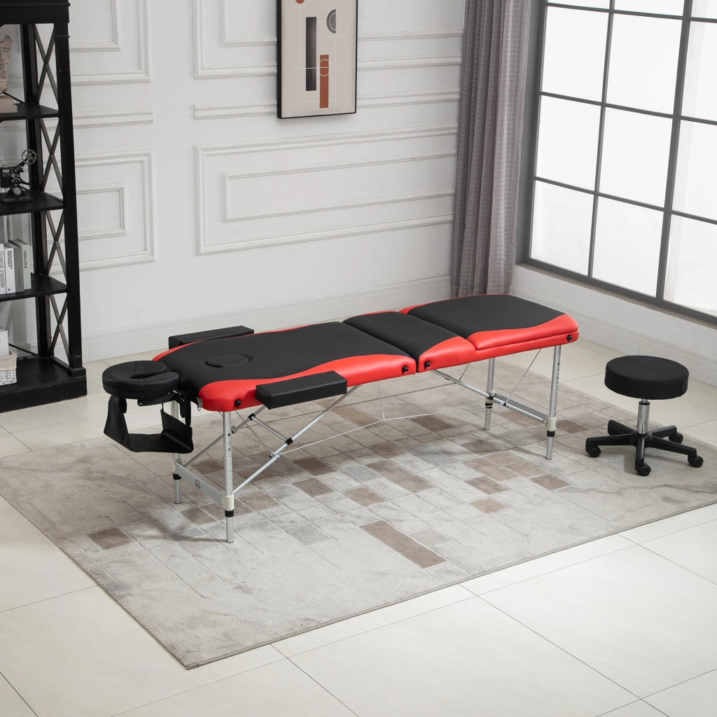 Lettino da Massaggio Pieghevole ad Altezza Regolabile, Lettino Professionale per Massaggi in Alluminio e Plastica, 215x81x61-84 cm, Nero e Rosso