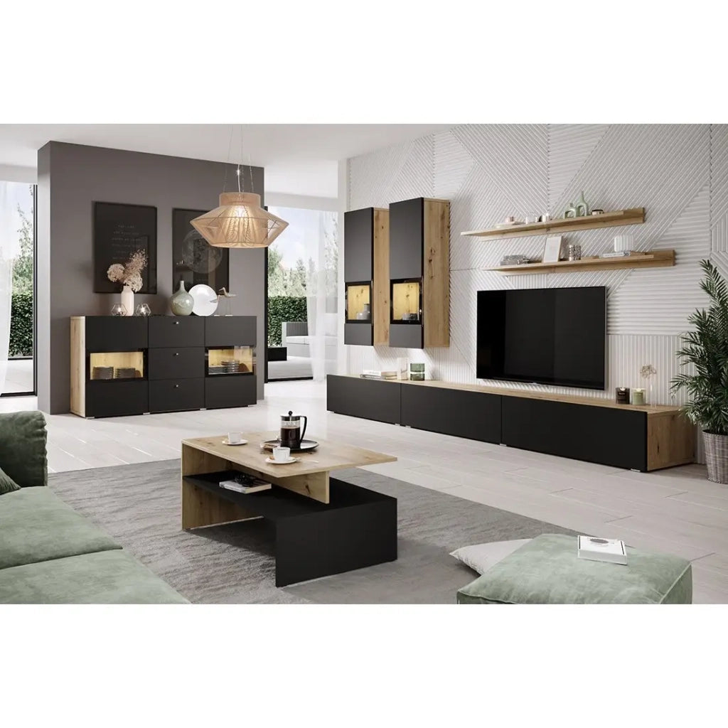 Table bassa RAMOS – Design rovere e nero opaco – Piano con vano portaoggetti integrato – 100x60 cm