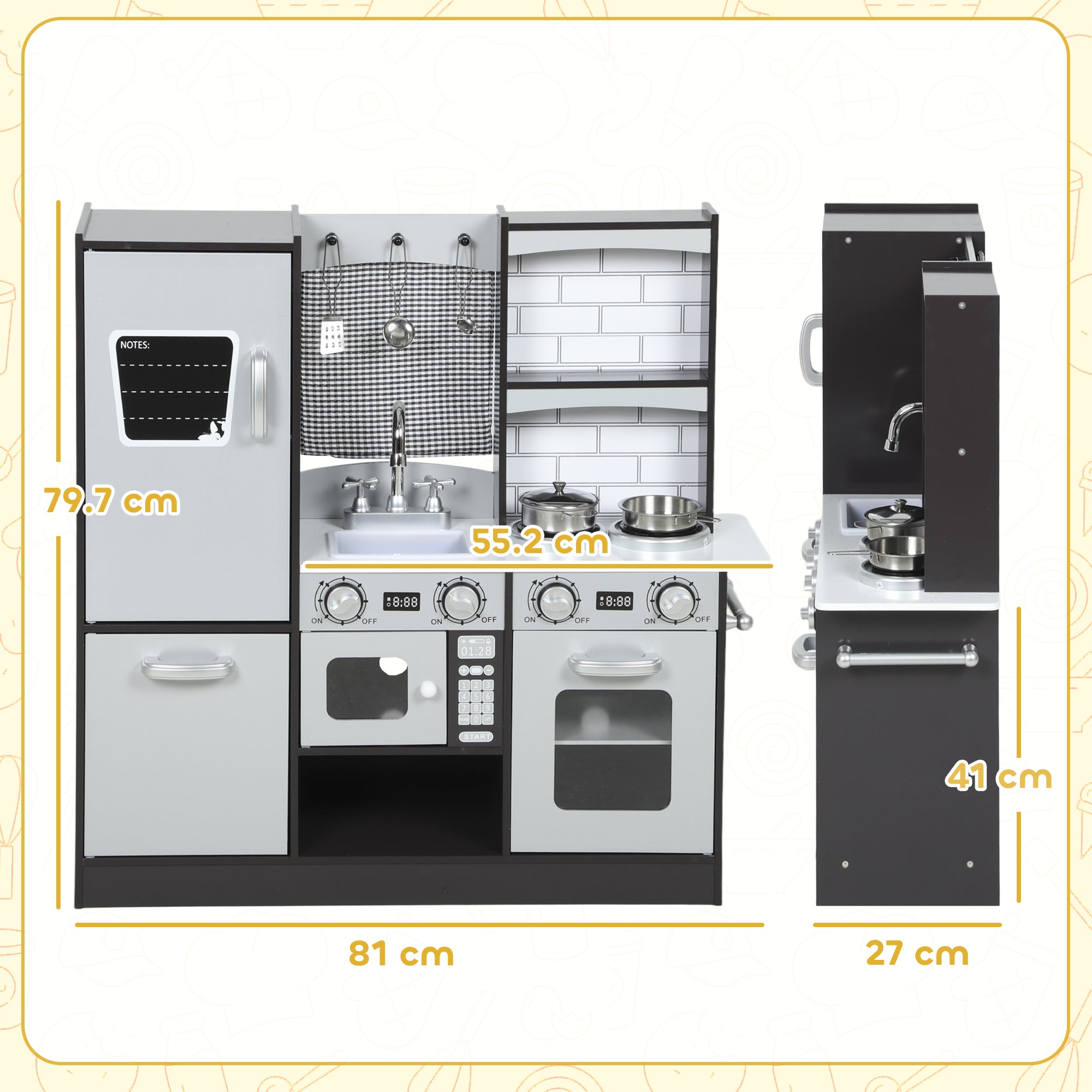 Cucina Giocattolo per Bambini 3-8 Anni con Accessori Frigo Lavandino e Suoni in Legno Marrone