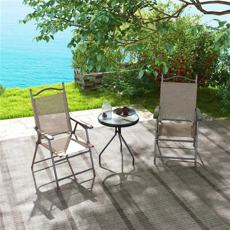 SET 2 SEDIE PIEGHEVOLI DA GIARDINO CON BRACCIOLI E SEDUTA IN TESSUTO TRASPIRANTE, MARRONE