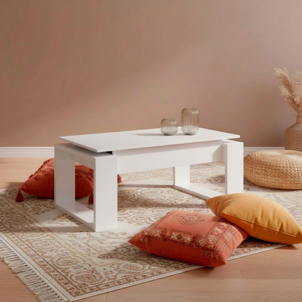 Tavolino Da Soggiorno Rialzabile Con Piano Sollevabile Tavolo Da Caffè Moderno Per Pranzo Salvaspazio Ideale Per Mangiare Lavorare E Organizzare Il Living 105 X 55 X 45 Cm Bianco
