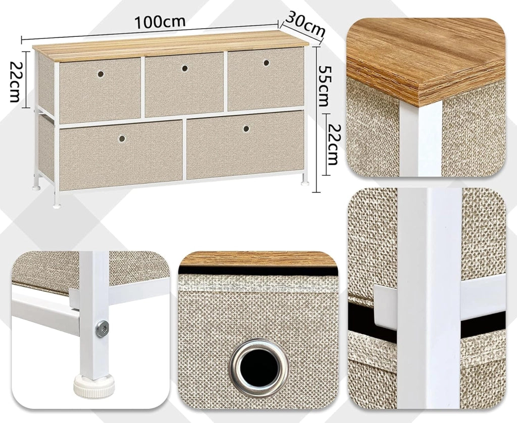 Cassettiera con 5 Cassetti in Tessuto Comodino Basso Design Organizer Pratico Metallo Armadietto Multiuso per Ingresso Camera da letto Cucina Corridoio Soggiorno in Legno e Acciaio Bianco e Beige