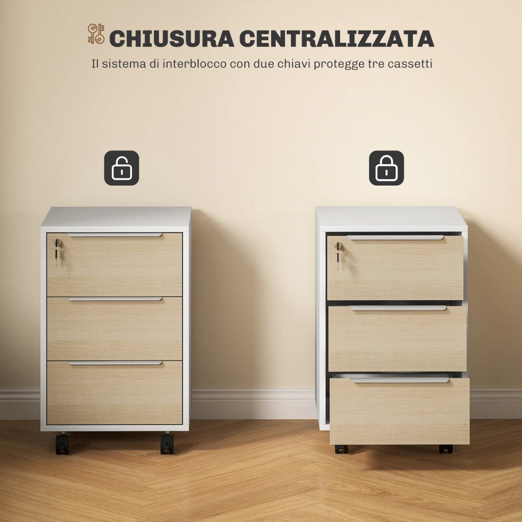 Schedario Cassettiera da Ufficio con 3 Cassetti 4 Ruote con Serratura e 2 Chiavi Bianco e Rovere