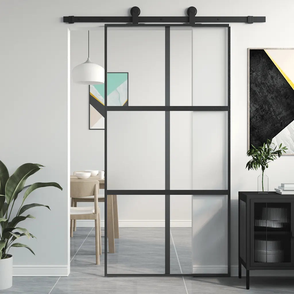 Porta Scorrevole Nera 102,5x205 cm Vetro Temperato e Alluminio 155212