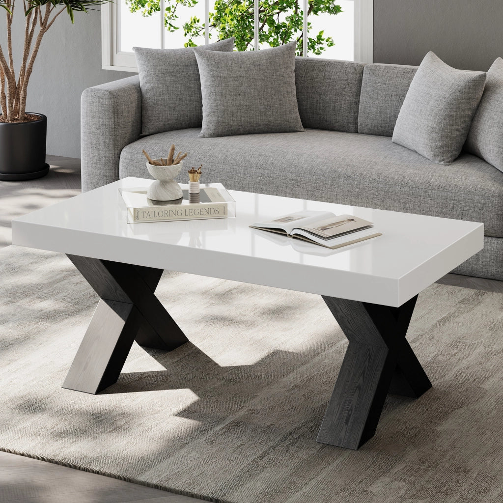 Tavolino basso rettangolare con piano lucido e gambe a X, per soggiorno, in MDF, bianco e nero, 100 × 50 × 40 cm