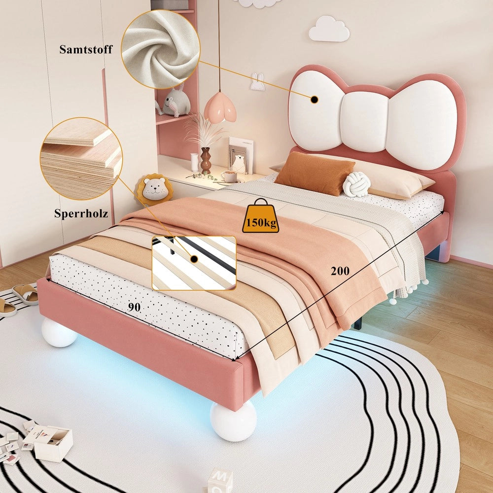 Letto imbottito singolo con testiera e LED ¨C Minimal ¨C Velluto Beige e Rosa 90x200cm con rete a doghe