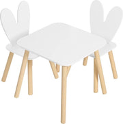 Tavolo per bambini con 2 sedie, gruppo di sedute per bambini, con gambe in legno massello, schienale a forma di coniglio, mobili per bambini per camere da letto e asili nido, bianco.