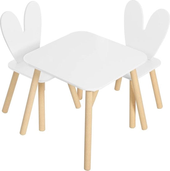Tavolo per bambini con 2 sedie, gruppo di sedute per bambini, con gambe in legno massello, schienale a forma di coniglio, mobili per bambini per camere da letto e asili nido, bianco.