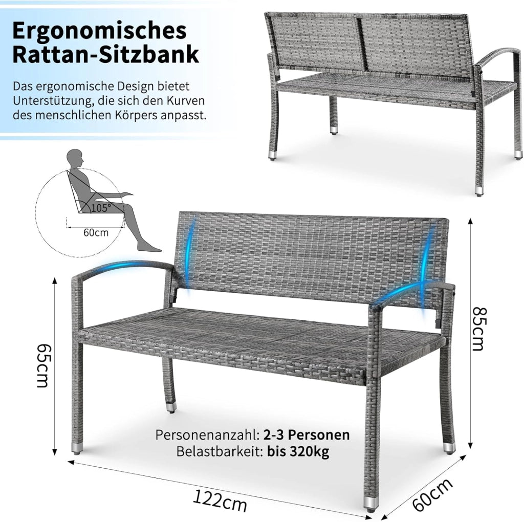 Panca da Giardino in Rattan, Panca da Balcone a 2 Posti, Resistente Alle Intemperie, Rattan Monofacciale, Sedia da Giardino per Esterno, Terrazze e Balcone, 122x60x85 cm, Grigia