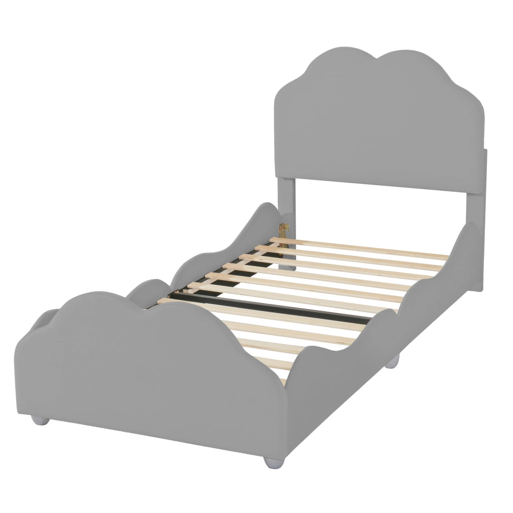 DESMIU Letto per bambini 1 posto con barriera, testiera e pediera a nuvola, 90 × 200 cm, senza materasso, grigio