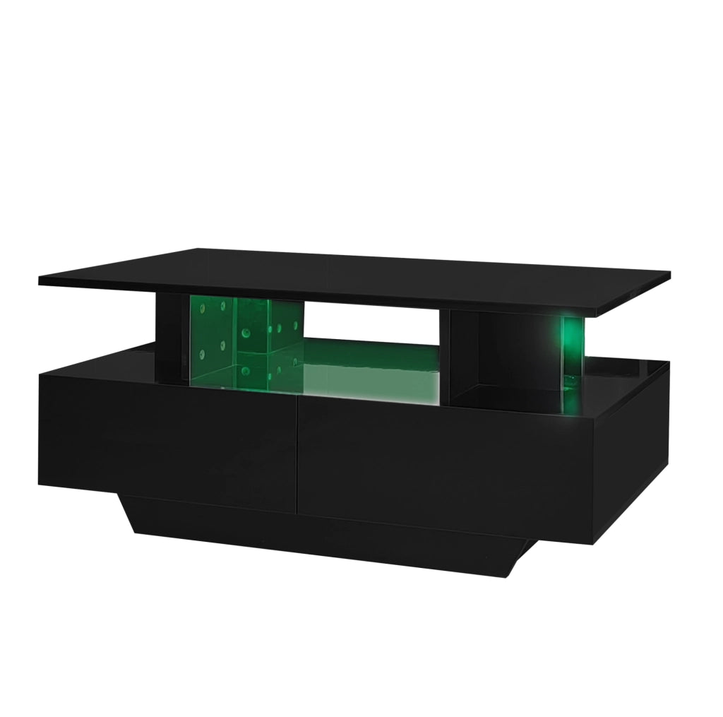 Tavolino da caffè moderno lucido con LED e 2 cassetti 90x55x41 cm; nero