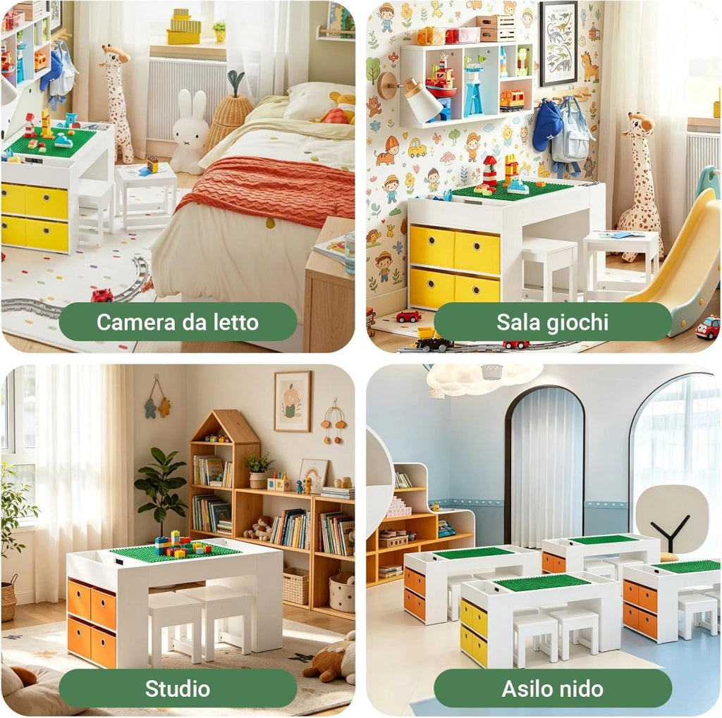 Tavolo multifunzionale per bambini con 2 sgabelli e 8 contenitori Set tavolo e sedie per cameretta bambini Tavolo da gioco con spazio di archiviazione Bianco 87x50x50 cm KMB75-W