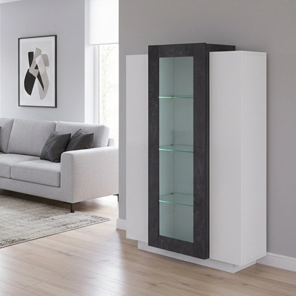 Vetrina moderna con anta a Ablaze, Made in Italy, Mobile vetrinetta da soggiorno, cm 80x38h121, Bianco lucido e Grigio Cenere, con luce LED bianca