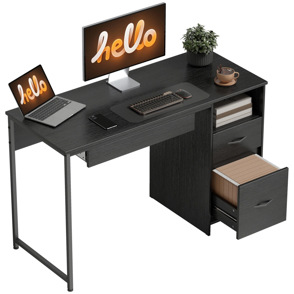 Scrivania Moderna con Cassetti e Ripiani Aperti ¨C Zephmum ¨C Legno, Acciaio, Nero, 120x52.3x76 cm