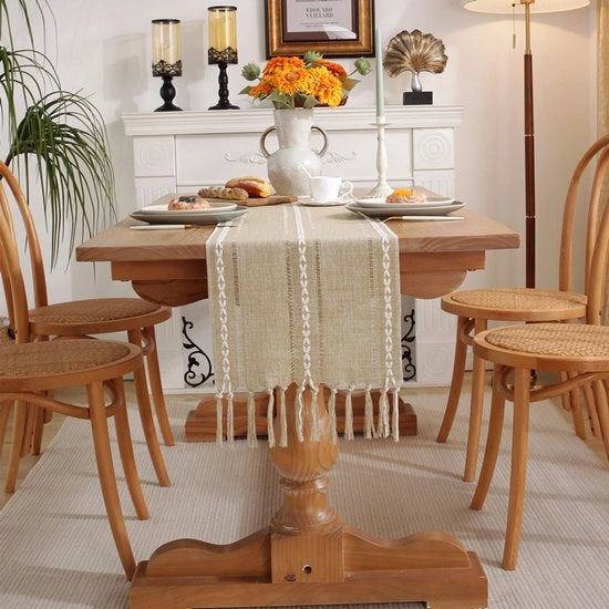 Tavolo da pranzo a strisce 33x200cm - Tavolo da pranzo bohemien rurale - Tavolo da pranzo jacquard a maglia - Tavolo da pranzo a maglia manuale con nastri per festa, Natale, cucina, tavola da pranzo, compleanno.