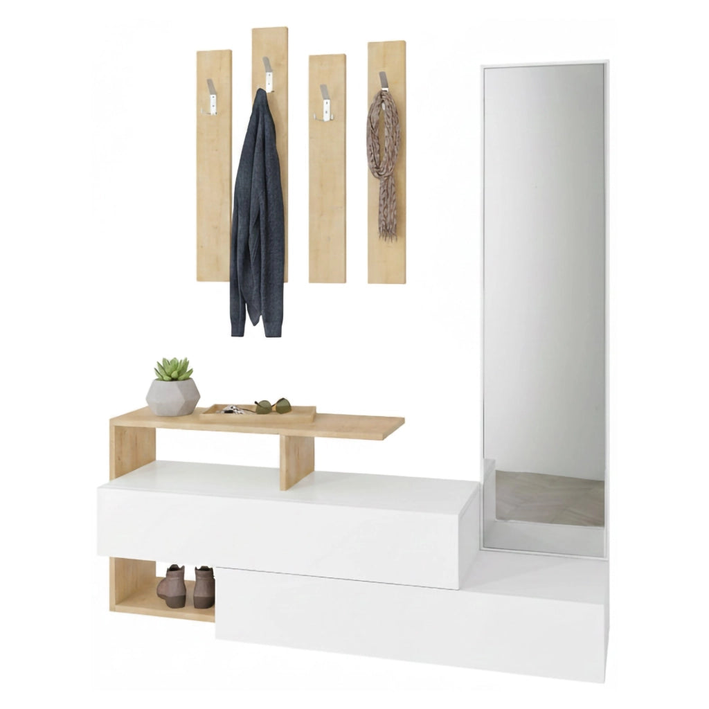 Mobile da ingresso Ascari, Entratina appendiabiti, Composizione per atrio, Consolle portaoggetti multifunzione, 137x35h55 cm, Bianco e Rovere