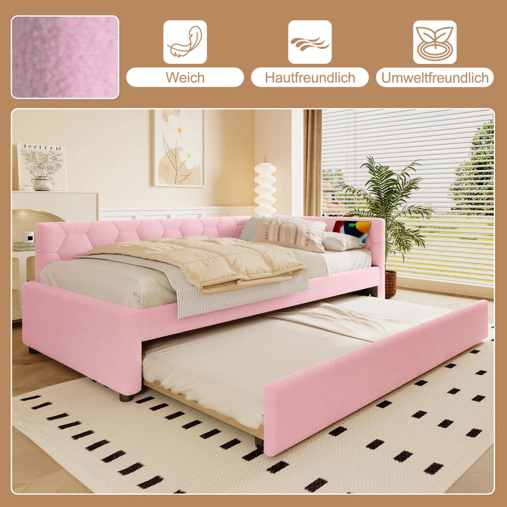 LETTO 90x200 cm in Bouclé Rosa con letto estraibile, USB e Tipo-C