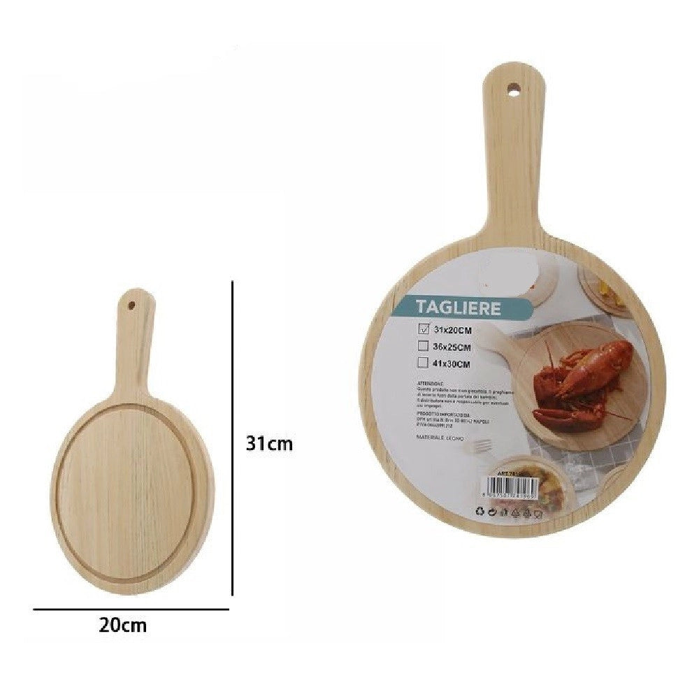 Trade Shop - Tagliere Legno Rotondo Affetta Pane Salumi Carne Pizza Con Manico 31x20cm 74196 -