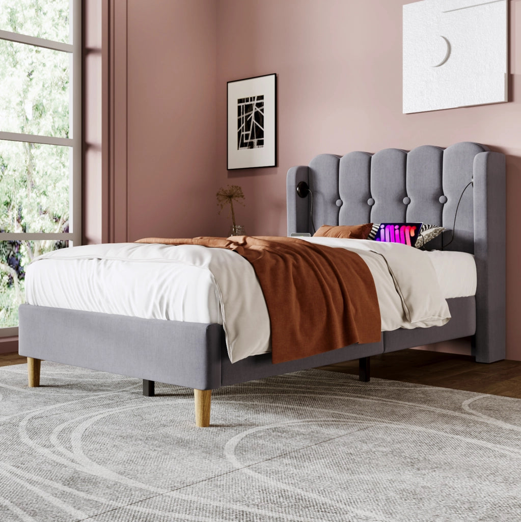 Letto imbottito 90x200 cm con ricarica USB e Type C; lino; grigio (Senza materasso)