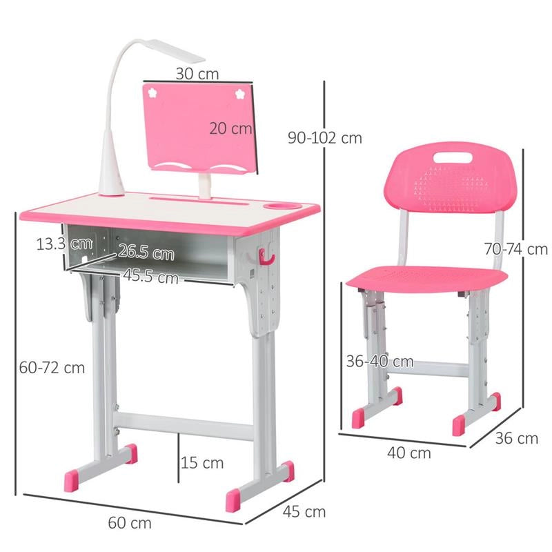 BANCO SCUOLA CON SEDIA AD ALTEZZA REGOLABILE E LUCE PER BAMBINI 6-12 ANNI ROSA