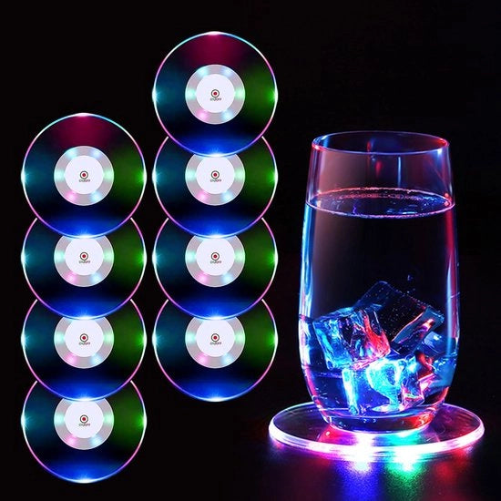 Set di 8 basi LED colorate per bicchieri, a LED, acqua e shockresistente, ronde basi in acril per bicchieri, bottiglie, feste, matrimoni, bar, Natale, pub.