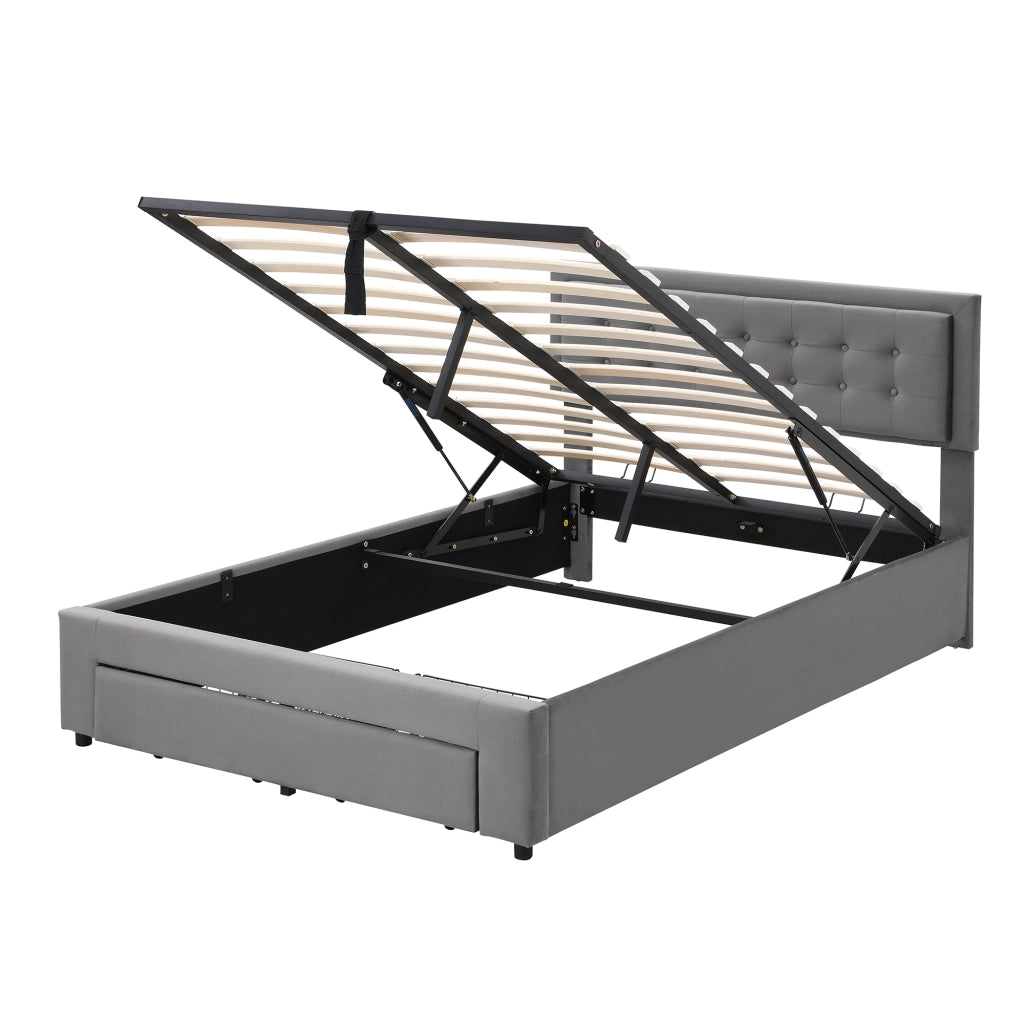 OKWISH Letto Contenitore 140×190 cm, Letto Matrimoniale con Contenitore, 2 Cassetti e Testiera Regolabile, senza Materasso, in Velluto, Grigio