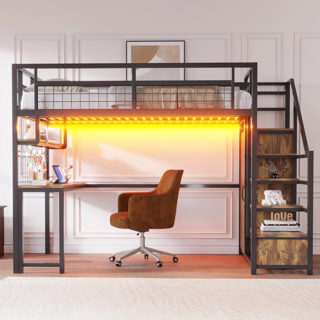 Letto a soppalco in metallo 140x200 cm con scrivania; libreria; scala contenitore; nero