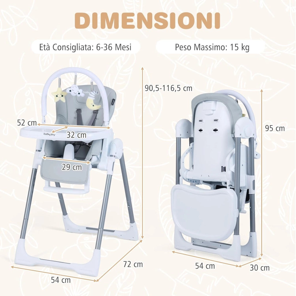Seggiolone Pappa Portatile, con Altezza Regolabile, Schienale Reclinabile e Vassoio Rimovibile, Seggiolone Evolutivo Pieghevole con Cintura e 2 Ruote, per Bambini 6-36 Mesi (Grigio Chiaro)