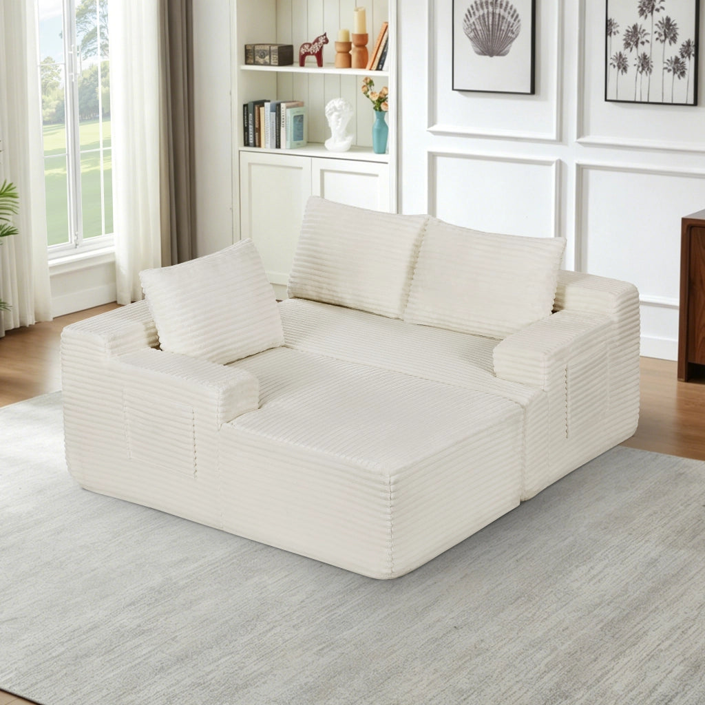Divano angolare modulare con comfort profondo e senza montaggio in velluto a coste bianco per soggiorno e ospiti