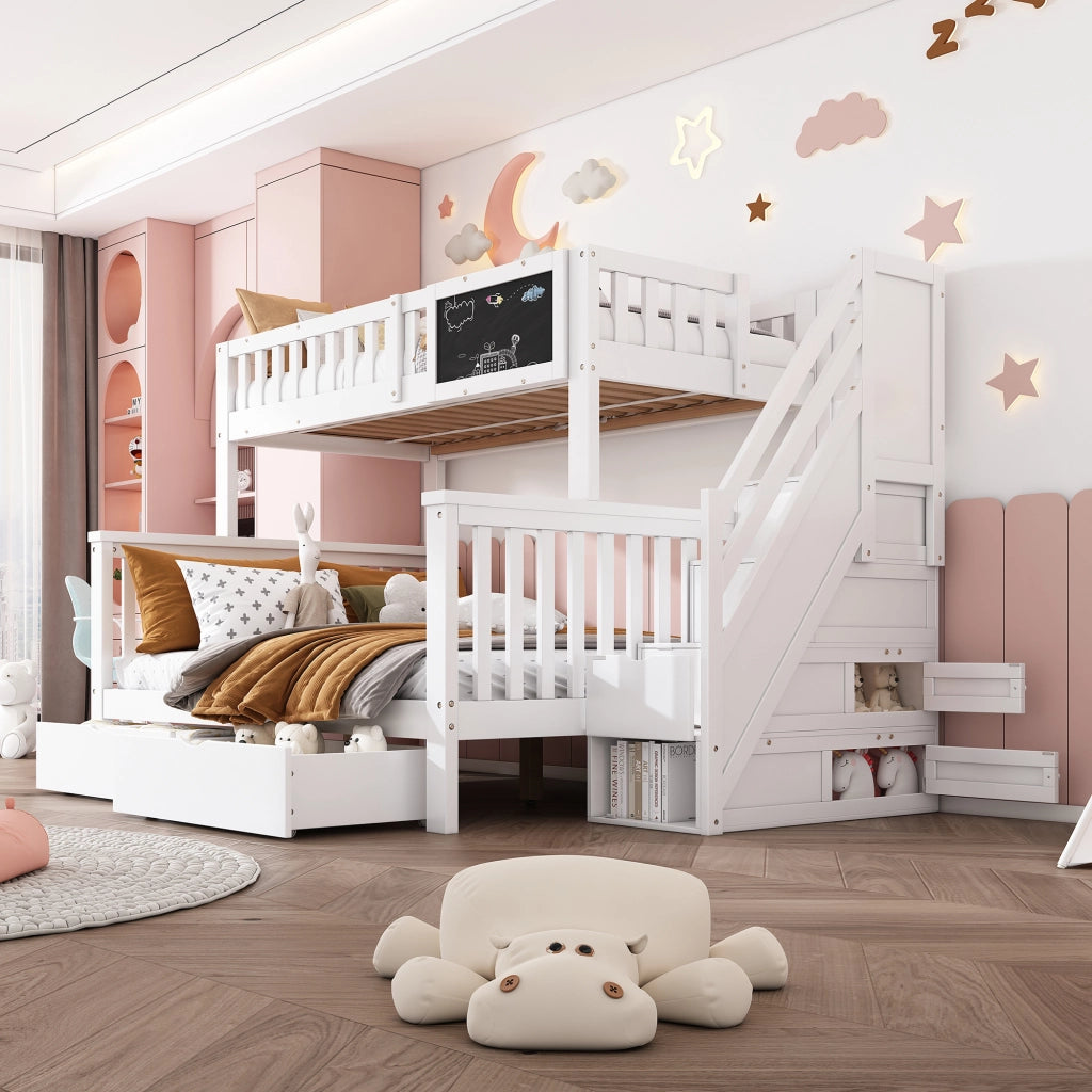 LETTO a castello per bambini 90x200/140x200 cm con lavagna e cassetti Bianco