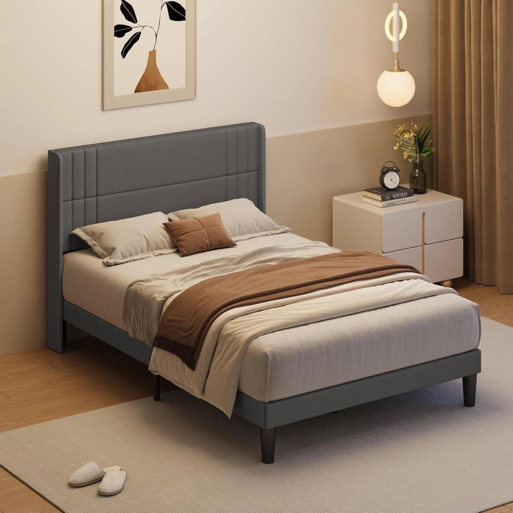 Letto imbottito 140x200 cm, con testiera e rete a doghe, robusto letto in tessuto per ragazzi e camere degli ospiti, struttura imbottita,Grigio scuro