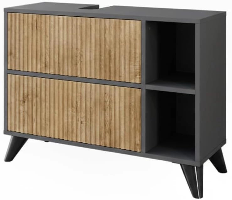 Mobiletto per lavabo Leano, Antracite/quercia di montagna, 80 x 62 cm con 2 cassetti, adatto per la conservazione di articoli da bagno e asciugamani