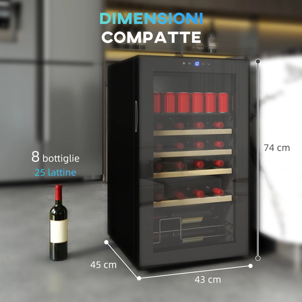 Cantinetta Frigorifero per Vino da 63L con Ripiani Regolabili per 16 Bottiglie e 25 Lattine 43x45x74 cm Nero